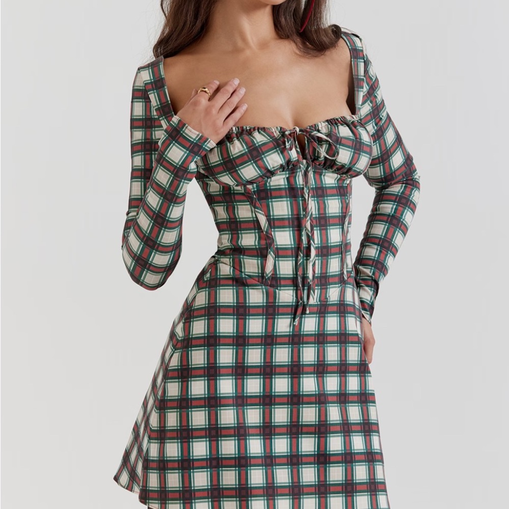 House of CB Green Plaid Long Sleeve Dress